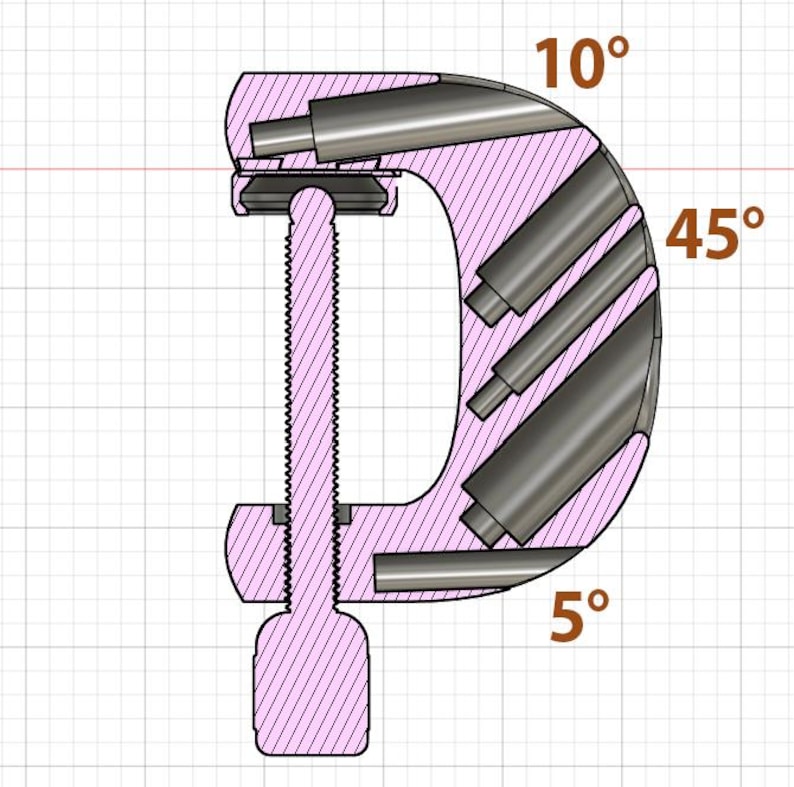 K&ouml;nnte beinhalten: Querschnittsdiagramm einer C-Klemme, das interne Komponenten und Winkel zeigt. Die Klemme ist rosa mit einer Gewindestange und Metallzylindern in Winkeln von 10&deg;, 45&deg; und 5&deg;. Der Hintergrund ist ein Raster.