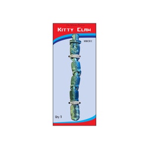 May include: A blue and green plastic cat toy shaped like a segmented worm with a white ring on each segment. The toy is labeled "Kitty Claw" and "WBKC01E".
