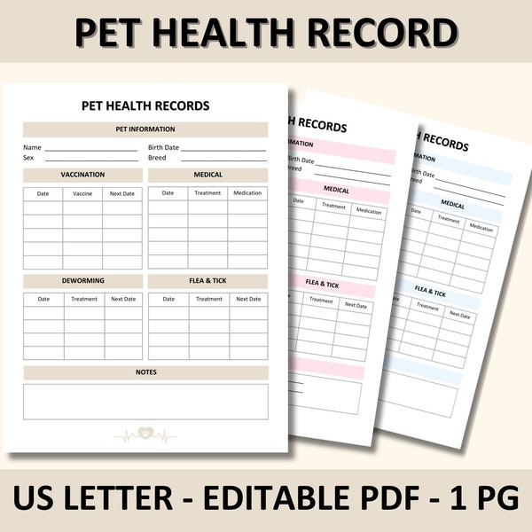 Pet Health Record | Editable Pet Record | Printable Dog Template | Digital Download