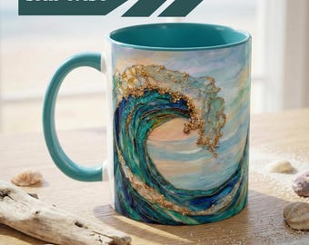 Ocean Heart Wave Coffee Mug  - Teal Blue Accent Beachy Ceramic Mug (11/15oz)