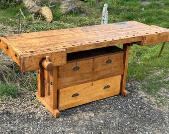 Antique Carpenter’s Work Bench Cleaned Refinished Primitive Butcher Block 2 Vise Workbench Rustic Kitchen Island Woodworking Table