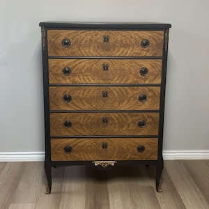 Stunning Painted Black and Curly Flame Maple Wood Antique Highboy Dresser Ornate Brass Hardware Vintage Erwin High Quality Furniture Upcycle