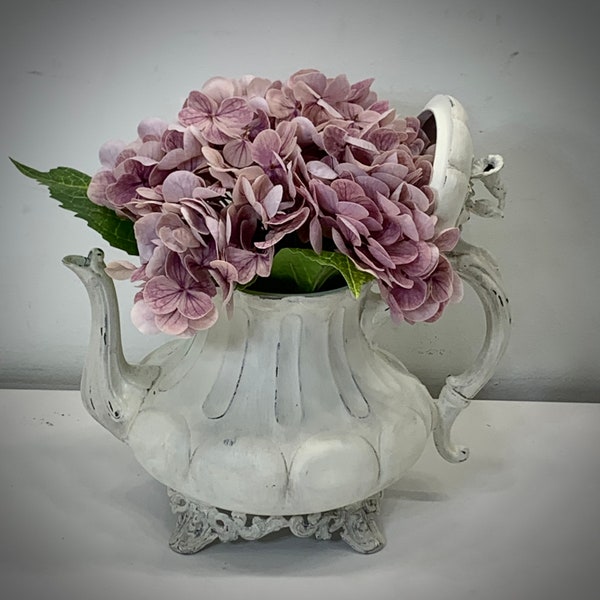 French Country Decorative Antique White Painted Tea Pot Arrangement With Premium Real Touch Dusty Purple Hydrangea Stem Flower Farmhouse