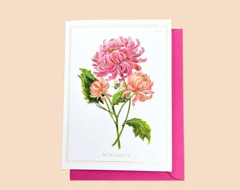 November | Chrysantheme Karte mit Goldfolie Geburtsmonat Blume