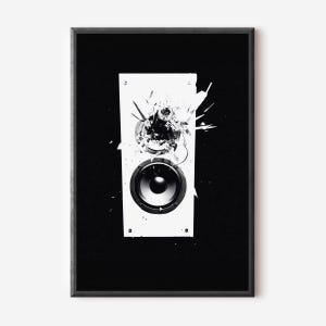 May include: A framed black and white print featuring a white speaker with a black speaker cone. The speaker appears to be damaged, with shattered elements around the top speaker. The background is solid black.