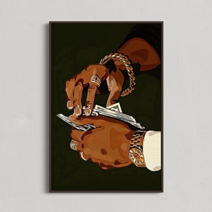 Poster geld tellen, zwarte kunst, modern stedelijk decor, inspirerende drukte kunst, hedendaags huisdecor