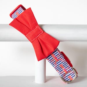 Lobster Dog Collar with Red Bowtie - Navy Stripe Nautical Dog Collar - Boy Summer Bowtie Dog Collar - Beach Dog Collar - Preppy Dog Collar