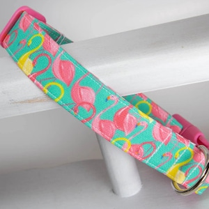 Flamingo Dog Collar - Mint with Pink and Yellow Flamingos - Summer Dog Collar - Nautical Dog Collar - Colorful Dog Collar