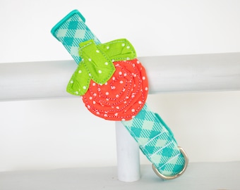 Blue Gingham Dog Collar: Strawberry Applique, Handmade USA