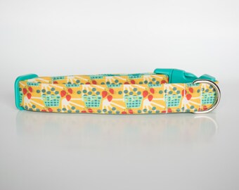 Strawberry Dog Collar: Yellow Blueberry Print, Blue Gingham - Handmade