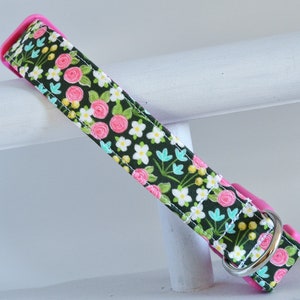 Spring Dog Collar - Dark Green with Pink, White, and Aqua Flowers - Floral Dog Collar - Girl Dog Collar - Pink Dog Collar
