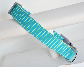 Teal Stripe Dog Collar: Handmade Cotton, USA