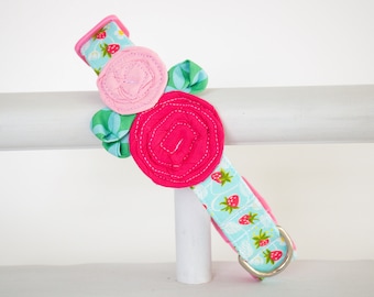 Strawberry Dog Collar: Pink Flowers, Mint Leaves, Handmade