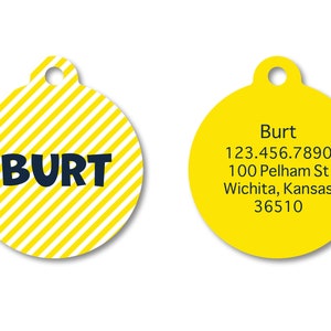 Carte d'identité pour animal de compagnie jaune à fines rayures Médaille - Médaille pour chien à rayures jaunes et blanches à motif printanier - Accessoires pour chiots unisexes pour animaux de compagnie - Médaillon personnalisé