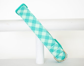 Blue Gingham Dog Collar: Mint Green Check Print, Handmade