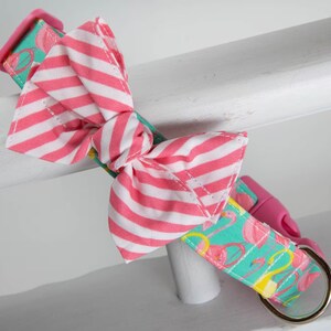 Flamingo Dog Collar - Mint Green, Pink, and Yellow Flamingo Print with Pink Stripe Bow - Summer Beach Collar - Pink Flamingo - Nautical