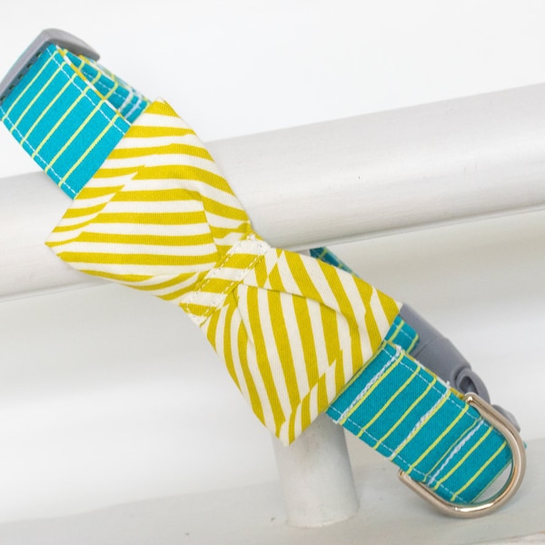 Teal Dog Collar - Teal and Chartreuse Stripe with Charteuse and White Crazy Stripe Bow Tie - Summer Dog Collar - Spring Dog Collar