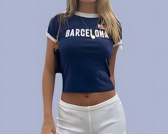 Y2K Barcelona Crop Top Baby T-Shirt | Barcelona Shirt, 90er 2000er Kleidung, Fußball Baby Tee, Spanien Baby Tee, Y2K Crop Top, Sommer Crop Tops