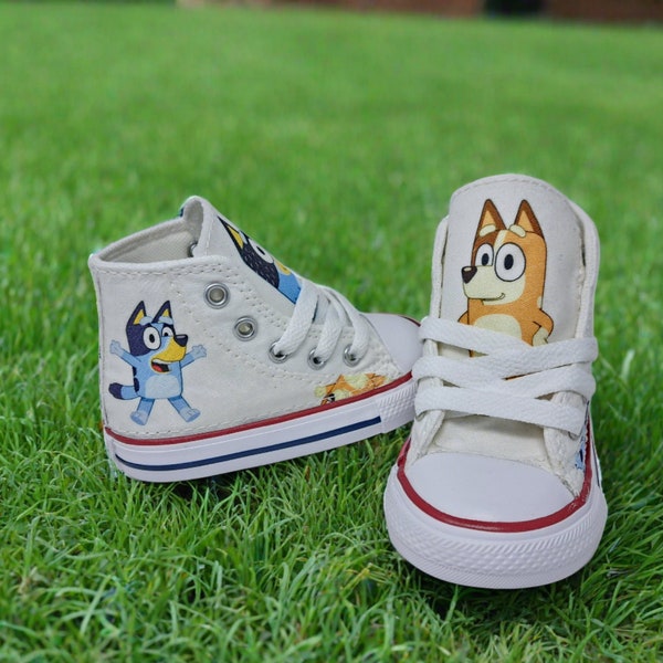 Bluey and Bingo Custom Converse Shoes, personalized unisex toddler sneakers,licensed fabric sewn directly onto shoe Bluey birthday footwear