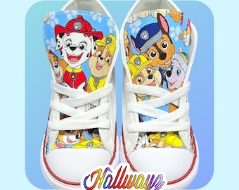 Custom Paw Patrol Converse shoes Birthday sneaker Hallwayz Designs Custom white blue personalized handmade fabric boys rubble chase Marshall