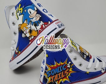 Custom Blue Sonic Tails Converse Shoes Birthday sneaker by Hallwayz Designs royal blue Personalized Unisex Casual Trainer back to school