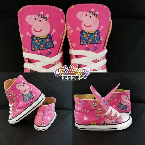 Zapatilla de cumpleaños personalizada de Peppa Pig rosa con zapatos Converse