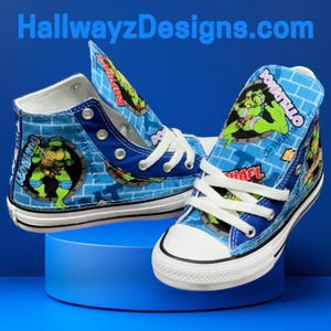 Zapatillas Converse azules personalizadas de las Tortugas Ninja, zapatillas de cumpleaños, regalo de cumpleaños personalizado perfecto, calzado para bebés y niños pequeños