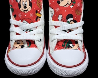Spersonalizowane buty Converse Disney Mickey & Minnie Mouse w kolorze czerwonym na święta, spersonalizowany prezent urodzinowy dla malucha, kryształy, opłata dodatkowa