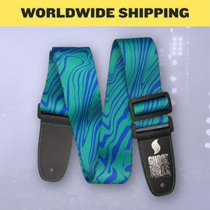 Electric Guitar Strap - Acoustic Guitar Strap - Bass Strap - Ukulele Strap | Ghost Note Swirl Series Green on Blue Guitar Strap