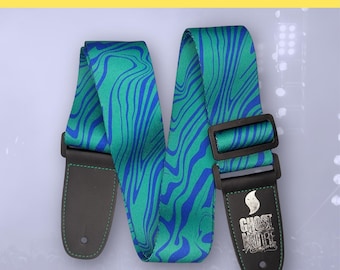 Sangle de guitare électrique - Sangle de guitare acoustique - Sangle de basse - Sangle d'ukulélé | Ghost Note série Swirl vert sur bleu sangle de guitare