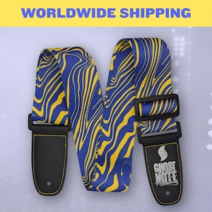 Electric Guitar Strap - Acoustic Guitar Strap - Bass Strap - Ukulele Strap | Ghost Note Swirl Series Blurple on Yellow Guitar Strap