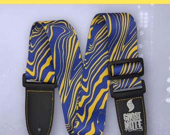 Sangle de guitare électrique - Sangle de guitare acoustique - Sangle de basse - Sangle pour ukulélé | Ghost Note Swirl Series Blurple sur sangle jaune