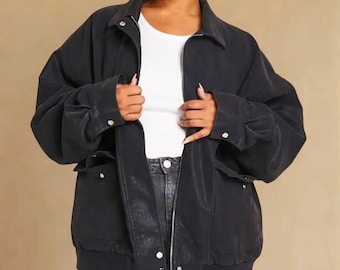 Chaqueta bomber de cuero negro de gran tamaño: cuero genuino de origen ético certificado, chaqueta de cuero con reconocimiento CE para mujer, estilo 90