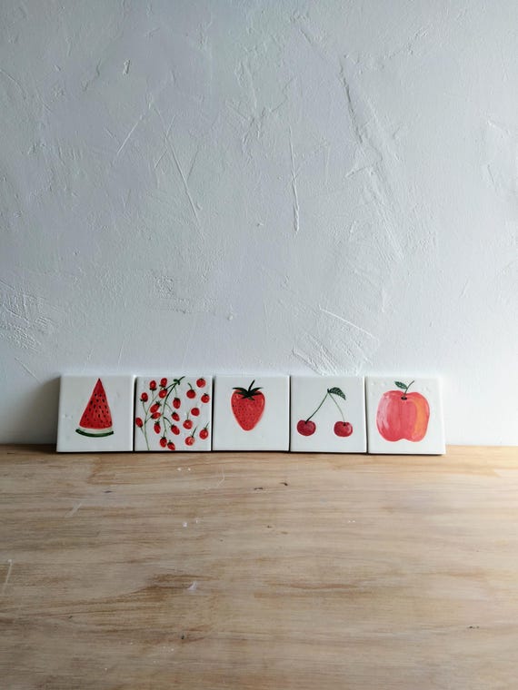 Red fruit, ceramic tiles, hand-painted, decoration, decorative tile, art, collector's item, coaster, garden, house, apartment