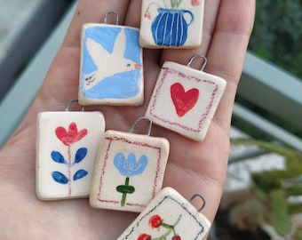 handmade ceramic charm, ceramic pendant, ceramic charm necklace