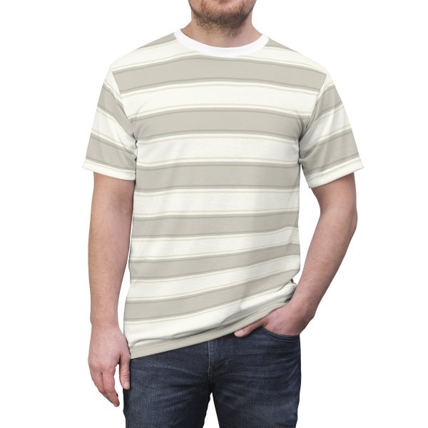 Gray and White Striped Men T Shirt, Gray and White Vintage Horizontal Stripes 90s Adult Unisex Designer Crewneck Tee Gift