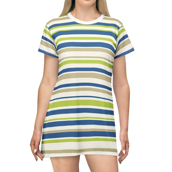 Green and Blue Striped Women's T-Shirt Dress, Unique Cute Fashion Striped Summer Dress