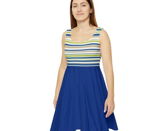 Yellow and Blue Striped Women's Skater Dress, Cute Fashion Stripes Combine Summer Dress