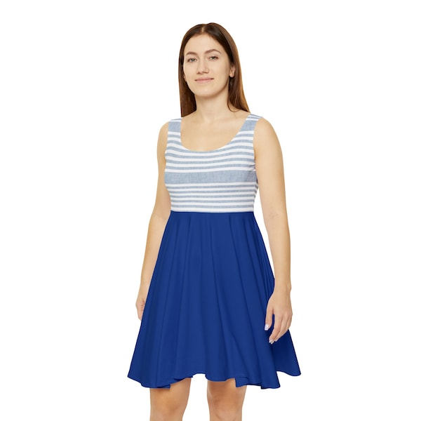 Blue Striped Women's Skater Dress, Cute Fashion Stripes Combine Summer Dress