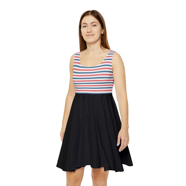 Black and Red Blue Striped Women's Skater Dress, Cute Fashion Stripes Combine Summer Dress