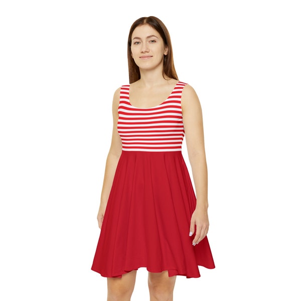 Dark Red Striped Women's Skater Dress, Cute Fashion Stripes Combine Summer Dress