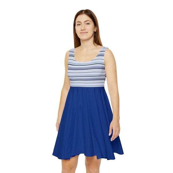 Blue Striped Women's Skater Dress, Cute Fashion Stripes Combine Summer Dress