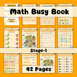 Peut inclure: Un cahier d'activités mathématiques imprimable coloré pour les enfants d'âge préscolaire. Le cahier contient 42 pages avec des activités telles que le comptage, l'appariement, l'addition, la soustraction et des jeux de cartes au trésor. Le cahier présente une variété d'illustrations colorées et est parfait pour aider les enfants à apprendre les compétences mathématiques de base.