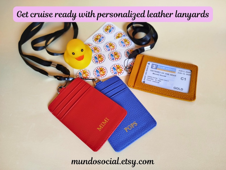 Get cruise ready with our personalized cardholder lanyards. Custom leather lanyards shown with Royal Caribbean cabin door card inside.