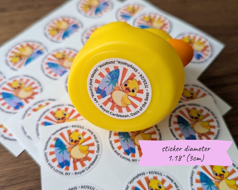 Photo of a rubber duck with the 3cm cruising duck tag sticker on the bottom.