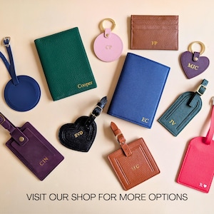 A range of personalized leather goods in our shop.