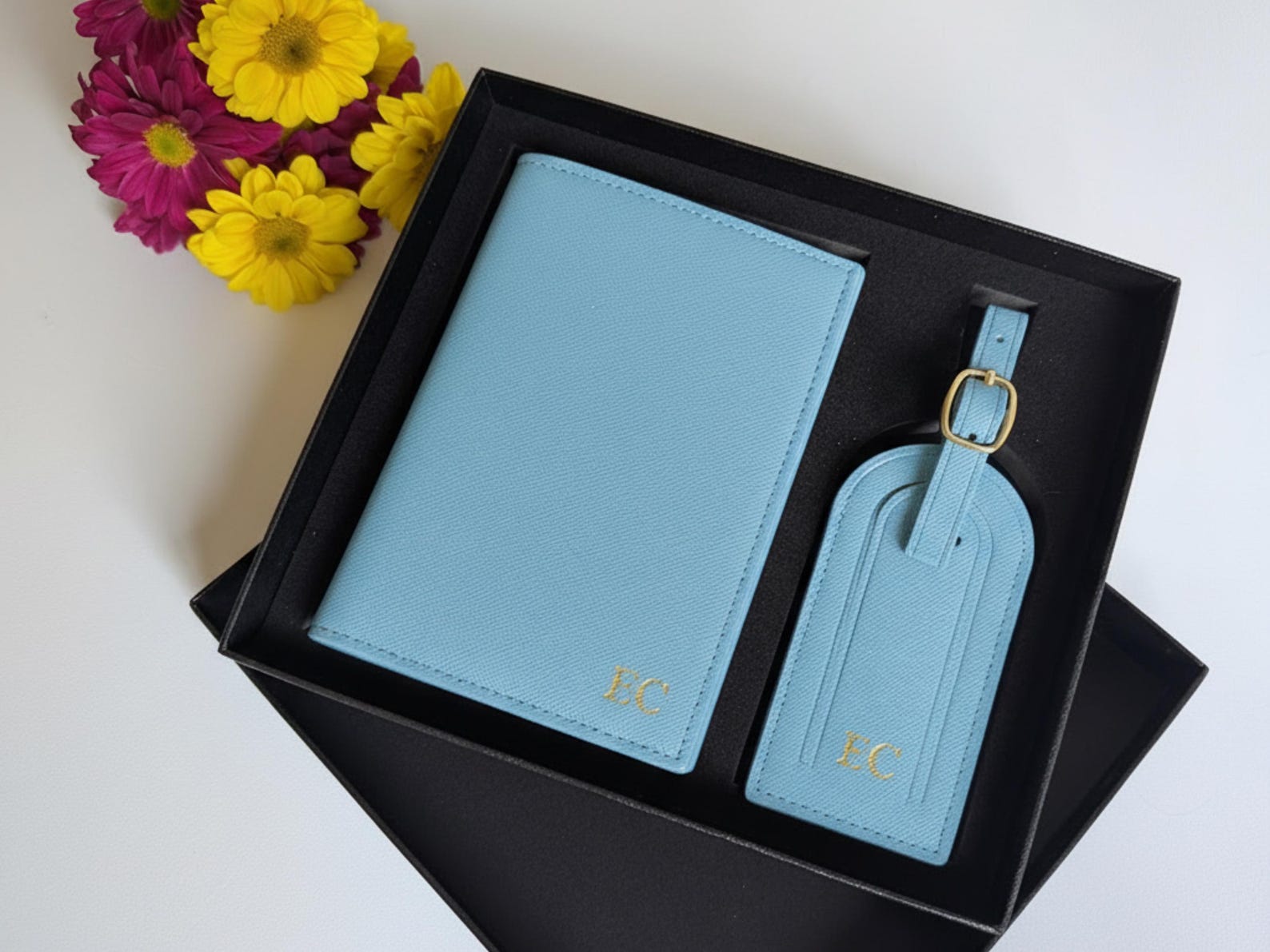 Personalized Leather Passport Holder Gift Set, Custom Gift for Traveler, Monogram Passport Case for Women, Honeymoon Gift, Christmas Gift - Blue - Gold Emboss, With Gift Box