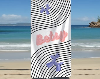Retro Black White Wavy Personalized Beach Towel Balloon Animal Custom Name Oversized Beach Groovy Dog Travel Hand Towel Fun Gift Towel