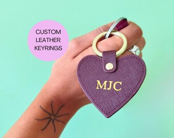 Personalized Leather Heart Keychain, Custom Monogram Keyring