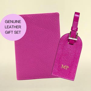 Echtleder Pink Pass-Cover & benutzerdefinierter Gepäckanhänger-Set, personalisiertes Leder-Reise-Accessoire, benutzerdefinierte Reisebrieftasche, Monogramm-Taschenanhänger